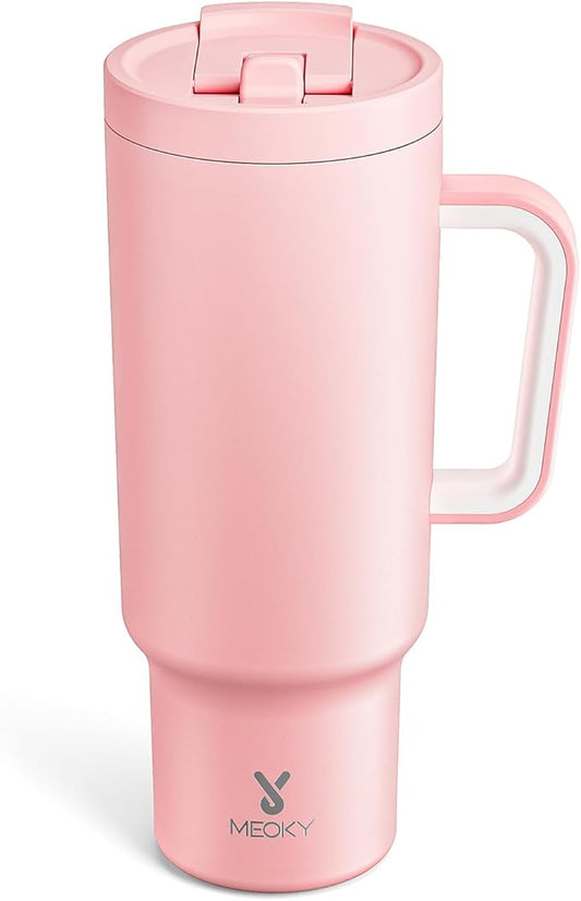 Meoky 40 oz Tumbler with Handle and Flip Straw, 100% Leakproof Tumbler with Lid and Straw, Stainless Steel Insulated Cup, Cupholder Friendly, Keeps Cold for 34 Hours (Blush)