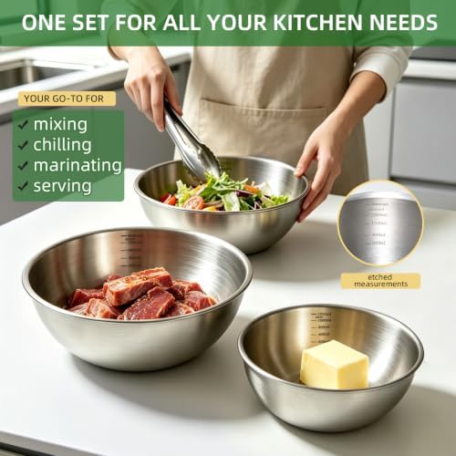 Stainless Steel Mixing Bowls Set, 3-Piece, Thicker-Gauge, Stackable
