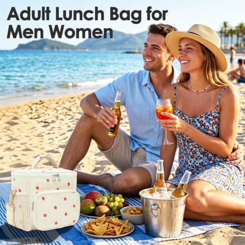 FlowFly Insulated Reusable Lunch Bag Adult Large Lunch Box for Women and Men with Adjustable Shoulder Strap,Front Zipper Pocket and Dual Large Mesh Side Pockets, Corduroy Strawberries Beige