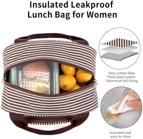 Lunch Bag Women Lunch Box for Women Adult Cute Insulated Lunch Bag Small Cooler Lunch Tote Bags for Work Picnic Travel (Coffee Stripes)