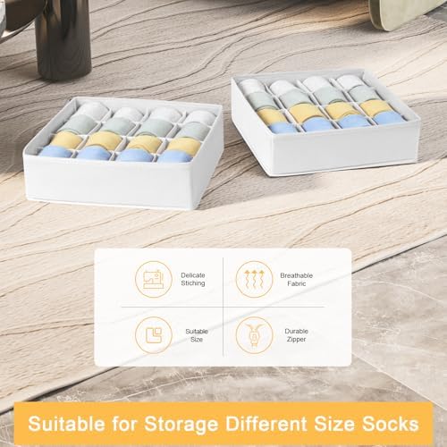 Joyoldelf Sock Drawer Organizer Divider, 16-Cell Underwear Organizers and Storage Fabric Drawer Organizer for Socks, Lingerie, Handkerchiefs, Ties Black, 2 Packs (White)