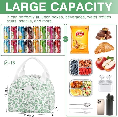 TESAFNG Lunch Bag - Insulated Lunch Box for Women, Reusable Large Capacity Cooler Bag for Adult, Small Leakproof Cute Corduroy Lunch Tote for Work Office Travel Picnic (Corduroy Green-Flower)