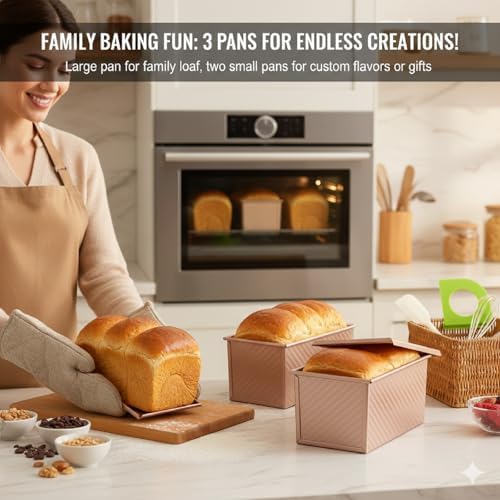 3-Pack Bread Pan with Lids, 2.2LB & 1LB & 1LB Dough Capacity, Non-Stick Carbon Steel Pullman Loaf Pan for Baking, Professional Toast Box Mold with Baking Tools - Gold