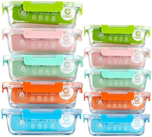 C CREST [10-Pack Glass Food Storage Containers (A Set of Five Colors), Meal Prep Containers with Lids for Kitchen, Home Use - Airtight Glass Lunch Boxes