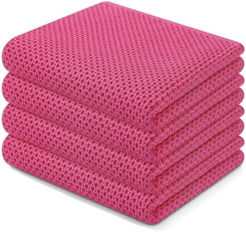 Homaxy 100% Cotton Waffle Weave Kitchen Dish Towels 4-Pack, Hot Pink