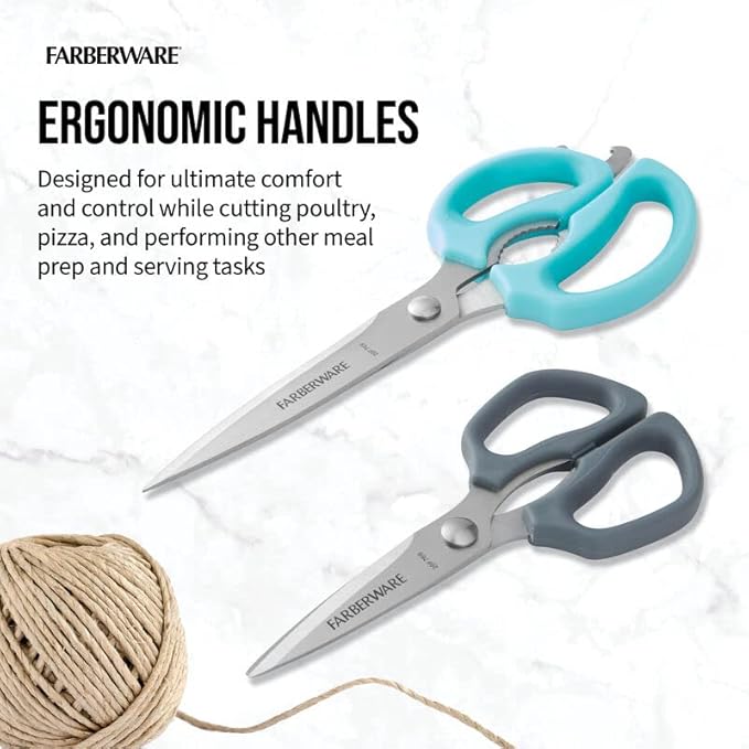 Farberware Comfort Grip Kitchen Scissors, 2 Pack, Aqua and Gray