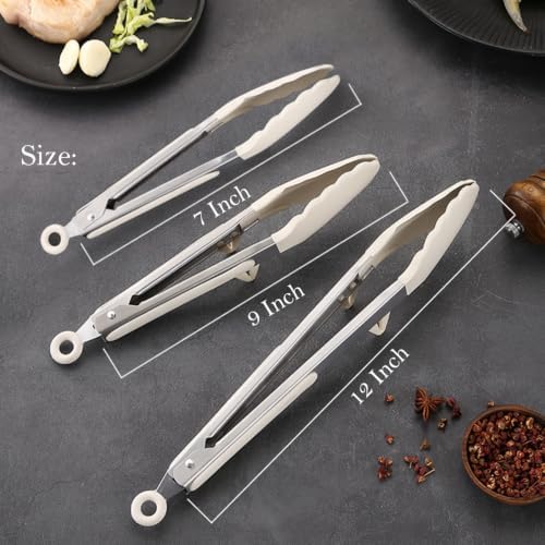 Kitchen Tongs for Cooking with Silicone Tips, 3 Size Serving Tongs, White