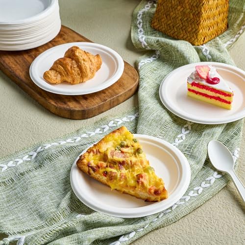 Vplus 125 Pack Compostable Bagasse Paper Plates 6 inch, White
