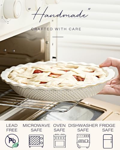 getstar Ceramic Pie Pan, 9 inch Pie Dish for Baking, Non-Stick, Oven & Dishwasher Safe, Farmhouse Decor Quiche Baking Dish, Pie Plate, Deep Dish Pie Pan (Embossed Dots)
