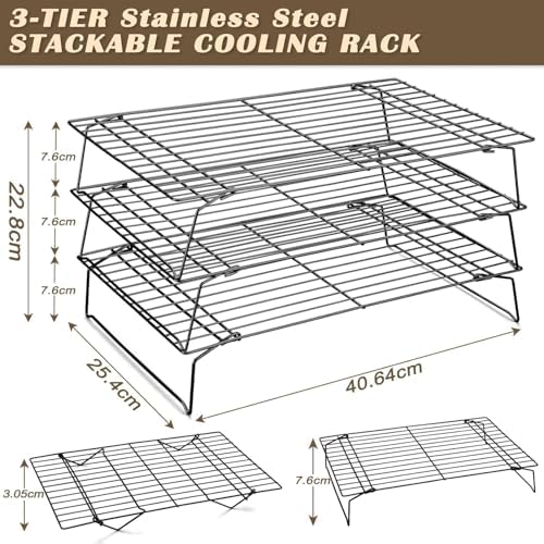 Pleafind Stackable Cooling Rack Set - 3 Pieces 16 x 10 Inch Stainless Steel Roasting Rack, Heavy Duty Cooling Racks for Cooking and Baking, Oven and Dishwasher Safe Bacon Rack, Black