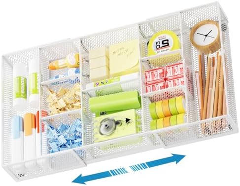 Marbrasse Expandable Desk Drawer Organizer, Mesh Drawer Organizer Tray with 10 Adjustable Compartments, Desk Organizers and Accessories for Office Supplies (Longer Expandable Drawer Organizer-W)