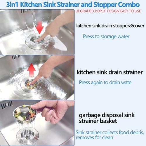 Upgraded 3-in-1 Pop-Up Kitchen Sink Drain Strainer Stopper