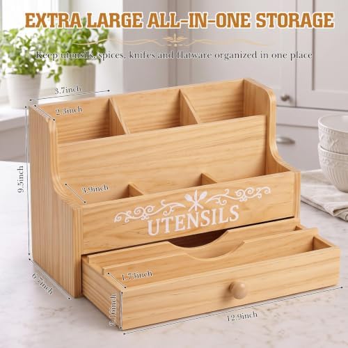 Wooden Kitchen Utensil Holder with Magnetic Knife Block, Natural