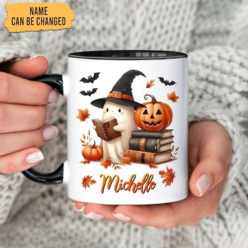 Hyturtle Personalized Cute Ghost Read Book Mug - Book Gifts For Women Lover - Bookish Gift For Bookworm Librarian - Inspirational Librarian Teacher Present - Custom Coffee Cup Ceramic Mug 11 Oz 15 Oz