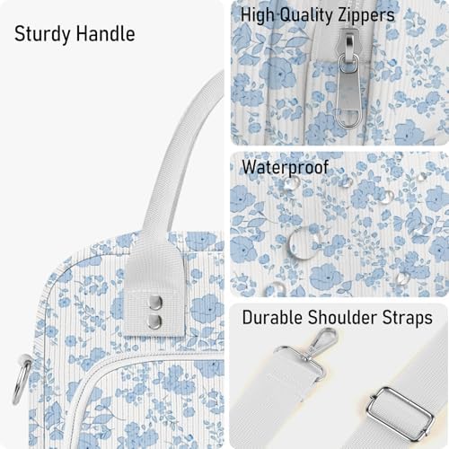 Lunch Bag Large Insulated Lunch Box for Women Men Adult Cute Blue Floral Lunchbox Corduroy Lunch Bags Boxes Pail with Shoulder Strap for Work Mom Picnic Office Travel 11.4×6.8×9.1 inches 11.5L