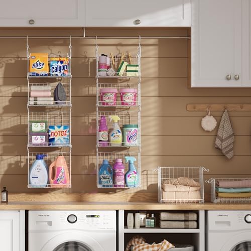 4-Tier Hanging Laundry Room Organizer: Foldable Wire Shelf Basket with 2 Large Hooks 1.65" & 360°Rotating Hooks – Space-Saving Laundry Storage Basket, for Wardrobe Closet Storage, White Patent