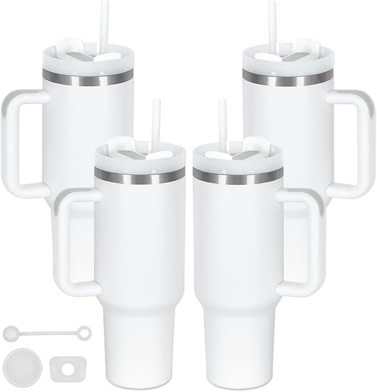 4 Pack 40 Oz Tumbler with Handle Bulk, Double Wall Vacuum Insulated Stainless Steel Tumbler with Lid and Straw, 40 oz cup with Silicone Spill Proof Stopper Set (White)