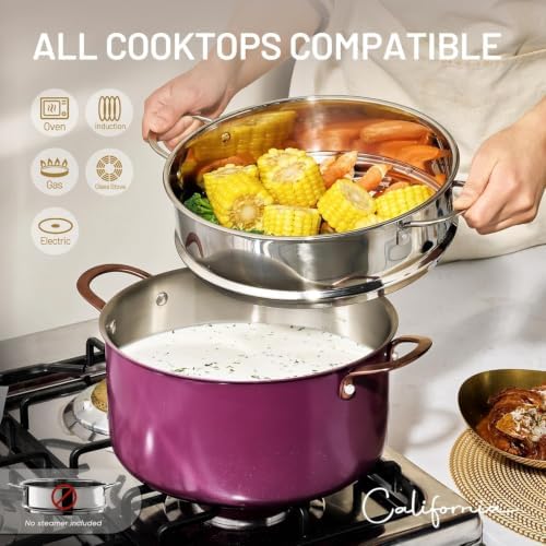 CAROTE 8QT Full Clad Tri Ply Stainless Steel Stock Pot with Lid, Kitchen Stockpot Soup Pot, Outer Ceramic Layer, Even Heating, All Stoves Compatible, Oven & Dishwasher Safe, Stay Cool Handle, Purple