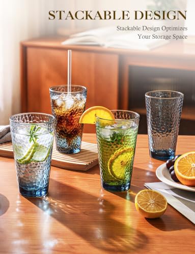 Amyoole Drinking Glasses Set of 8, 16oz Blue Hammered Glass Cup for Kitchen