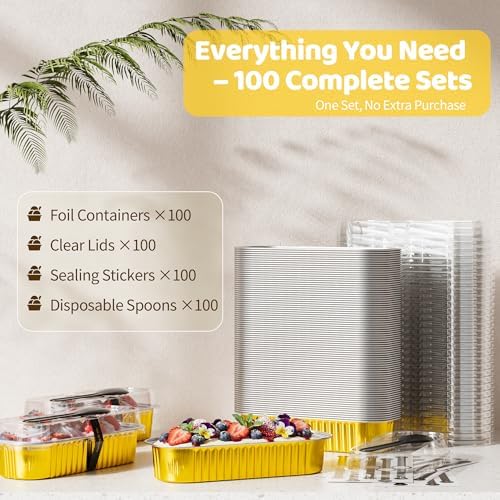 100 Pack Mini Loaf Pans with Lids and Spoons, 6.8oz Mini Cake Pans for Baking, Disposable Rectangle Aluminum Foil Small Loaf Baking Pans Cake Tins, Individual Small Cake Containers with Sticker, Gold