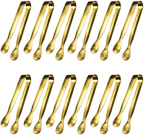 JCREN 12 Pcs Serving Tongs, Small Serving Utensils for Parties Catering Gold Tongs, Small Stainless Steel Mini Appetizer Tongs for Tea Party Coffee Bar, 4 Inches - Gold