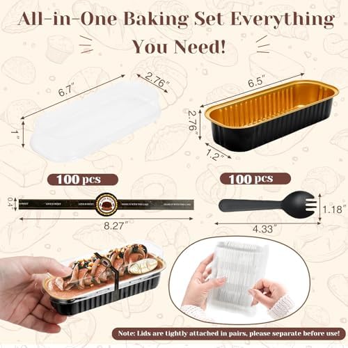 YQER 100 Pack Black Mini Cake Pans with Lids and Spoons, 6.8 oz Disposable Aluminum Foil Mini Loaf Pans with Stickers, Elegant Dessert Cake Tins Containers for Wedding, Parties, Bake Sales and Gifts