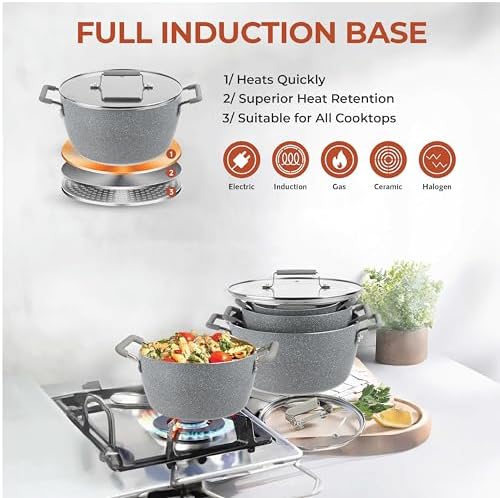 Granitestone Gray Pots and Pans Set Nonstick, 6 Stackable Piece Cooking Pots Set, Kitchen Pots, Non Stick Coating, 5qt 3qt & 1.5qt Pots with Lids, Stay Cool Handles Dishwasher Safe 100% Toxin Free