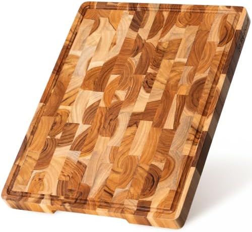 17x13 End Grain Teak Cutting Board with Juice Groove, Non-Slip
