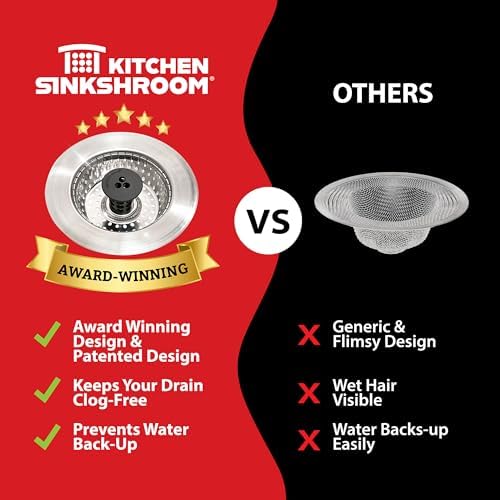 Kitchen SinkShroom Revolutionary Clog-Free Stainless Steel Sink Strainer, Black, 1-(Pack)