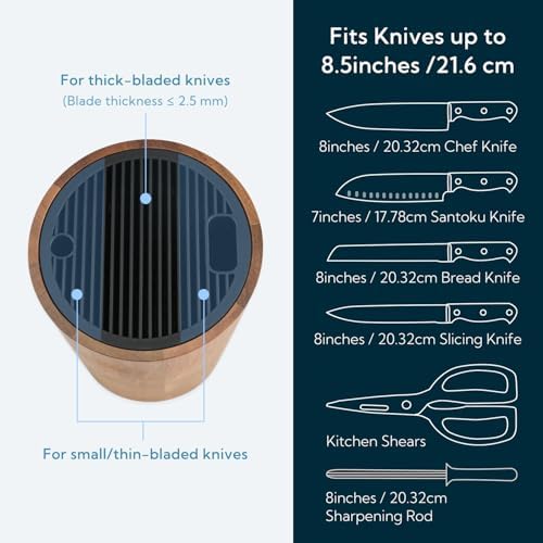 KITCHENDAO Universal Knife Block Without Knives, Acacia Wood Knife Holder, Space-Saving Round Knife Storage Organizer for Countertop, with Slots for Scissors and Sharpening Rod