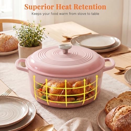 NEWBULIG Cast Iron Dutch Oven, 6 Quart Enamel Dutch Oven Pot with Lid, Heavy Duty Cookware for Sourdough Bread, Braising, Stews, Roasting, Safe up to 500°F, Pink