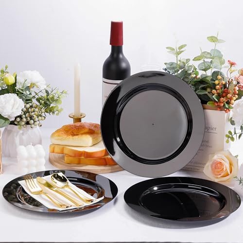 Bestluck 100PCS Black Plastic Dinner Plates 10 Inch for 100 Guests