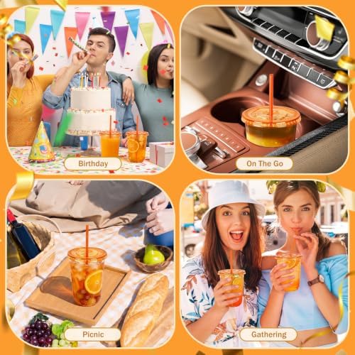 tchrules 100 Set 16oz Orange Plastic Iced Coffee Cups with Lids & Straws
