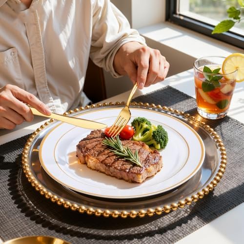 WDF Partyware 350Piece Gold Dinnerware Set for 50 Guests - Gold Plastic Plates with Disposable Cutlery - 50Dinner Plates-50Dessert Plates-50Pre Rolled Napkins with Silverware for Wedding/Birthday