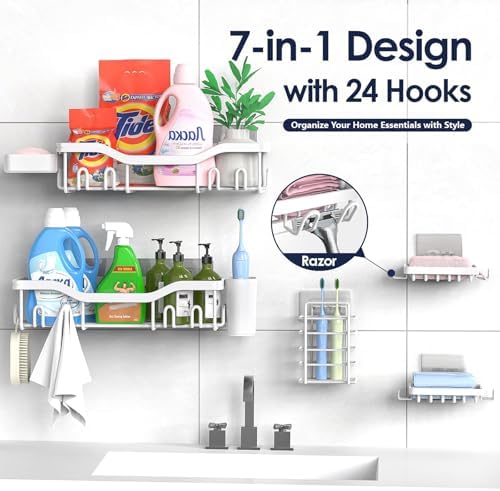 NESOMI Shower Caddy Adhesive Shower Organizer 7-Pack, Rustproof Stainless Steel Bathroom Shelves, Large Capacity No-Drill Rack Storage Accessories with Soap Dish Toothbrush Holder Hooks