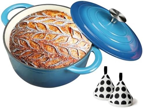 Enameled Cast Iron Dutch Oven with Lid, 3 Quart Heavy Duty Cookware Pot with Dual Handles for Bread Baking, Braising, Stews, Roasting and Oven Safe, Blue
