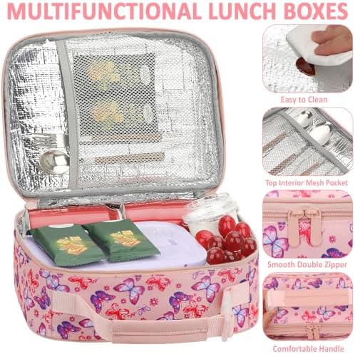 Tenot Lunch Box Kids Insulated Lunch Tote Bag Pink Butterfly