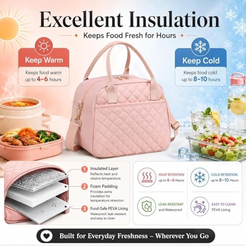 CAMTOP Lunch Box for Women Insulated Lunch Bag Large Lunchbox Cooler Thermal Leakproof Quilted Reusable Lunch Tote Bag for Work School Travel Picnic