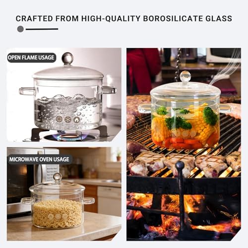 Glass Cooking Pot -1.9L/64oz,Glass Simmer Pot for Stovetop Heat Resistant Borosilicate,Clear Saucepan for for Pasta, Noodles, Soup, Cereals, Fruit