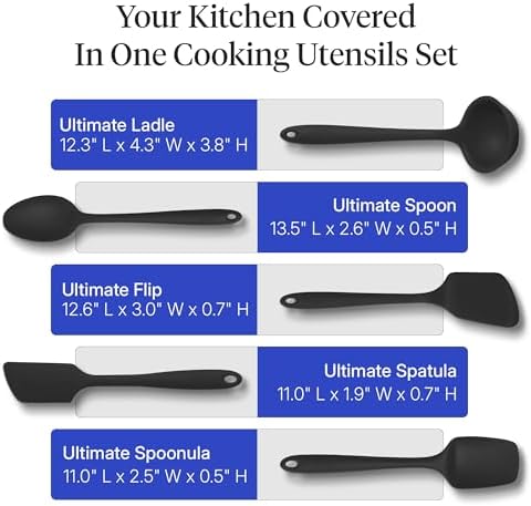 GIR: Get It Right 5-Piece Silicone Ultimate Kitchen Utensils Set - Ladle, Spatula, Flip, Spoon & Spoonula - Non-Toxic Cooking Utensils for Nonstick Cookware, Cooking and Baking - Black
