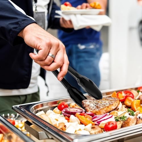12 Pack 9 Inch Large Plastic Serving Tongs For Buffet - Plastic Serving Utensils For Hot And Cold Food - Disposable Serving Tongs For Parties, Holidays And Gatherings (Black)