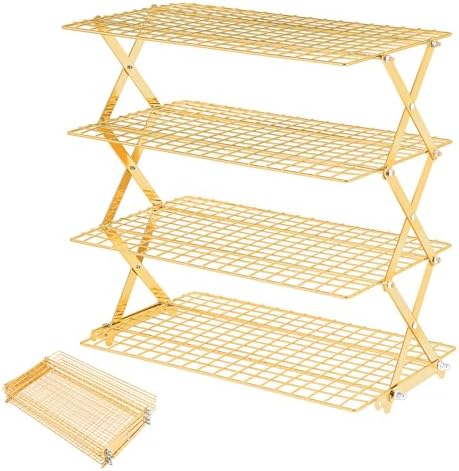 Pleafind 4 Tier Gold Collapsible Cooling Rack - 3 Setting Design, Adjustable ＆ Stackable Baking Rack, 5 Modes Cooling Racks for Cooking and Baking, Roasting ＆ Grilling Gifts for Picnic Party
