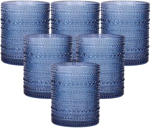 Moretoes 10oz Blue Hobnail Drinking Glasses Set of 6 Cocktail Glasses