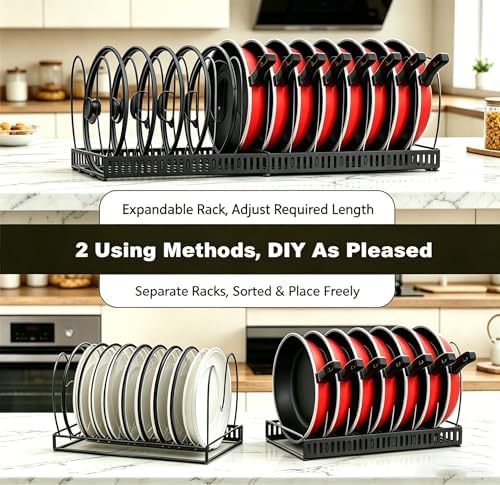 Expandable Pot and Pan Organizer for Cabinet, 14 Adjustable Dividers, Versatile Pan Holder Storage Rack, Extends from 12'' to 23'', Fits Cabinets, Countertops, or under Sink, Black, Iron