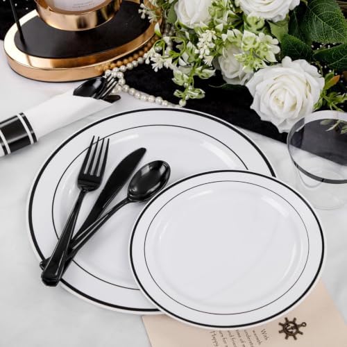 WELLIFE 350Pcs Black Plastic Dinnerware with Pre Rolled Napkins, Include:50 Dinner Plates, 50 Dessert Plates, 50 Paper Napkins, 50 Cups, 150 Plastic Cutlery