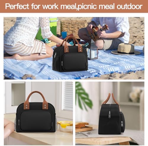 Lunch Bag for Women, Insulated Lunch Box for Women Men Work Adult, Cute Lunch Tote Large Capacity Reusable Cooler Containers for Picnic Travel Office or Beach (Black)