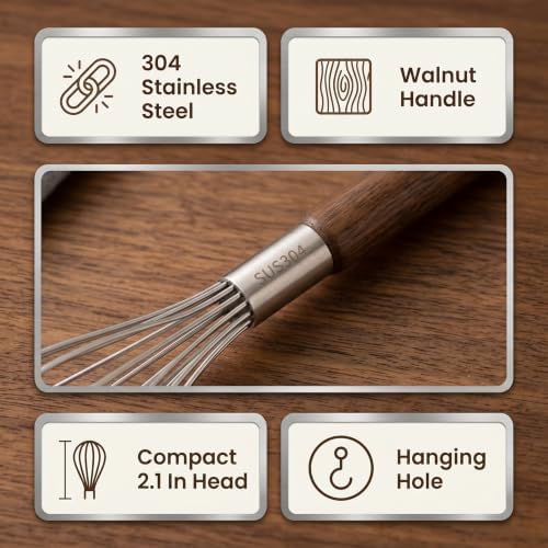 Mini Whisk 11.2 in, 304 Stainless Steel Balloon Head, Walnut Handle
