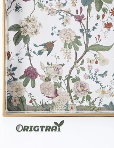 Serving Tray with Handles, Rectangular Plastic Tray 15.75x11.81 Inch, Floral Art with Peony, Hydrangea, Magnolia & Magpie Style Decorative Tray for Kitchen, Dining Table, Vanity, Office & Home
