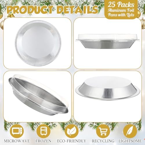 25 Pack 9 Inch Heavy Duty Aluminum Pie Tins with Lid, Silver