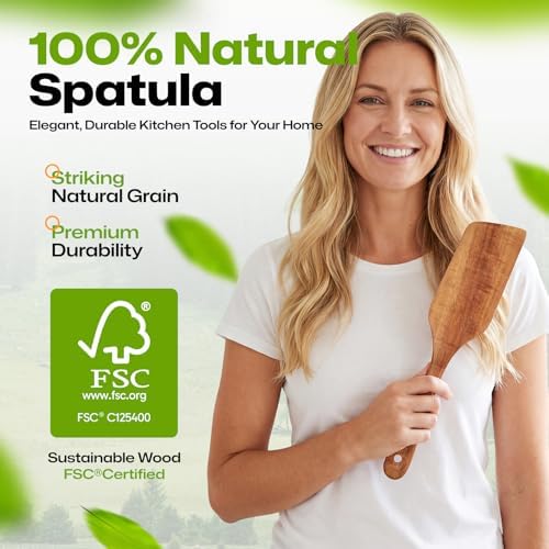 AIUHI Wooden Spatulas, Non-stick Flat Cooking Spatula for Cooking, Teak Wood Turner Scraper for Frying, Flipping and Turning